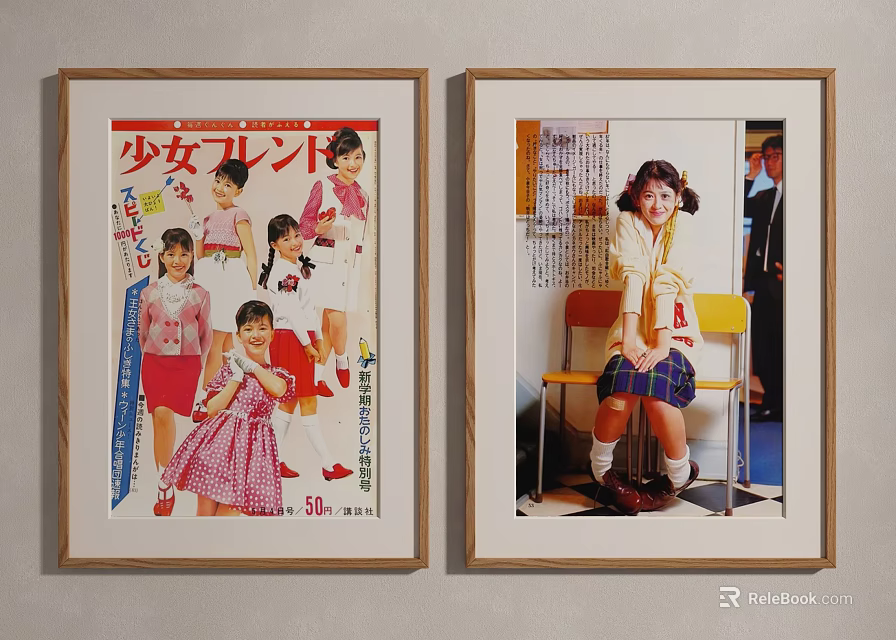 Framed Figure Paintings Featuring Young Girls with Magazine Style and Chair Sitting Scenes on Wall 3d model 