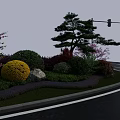 Colorful Shrubs in Roadside Landscape Design With Green Lawn Decorative Stones and Trees