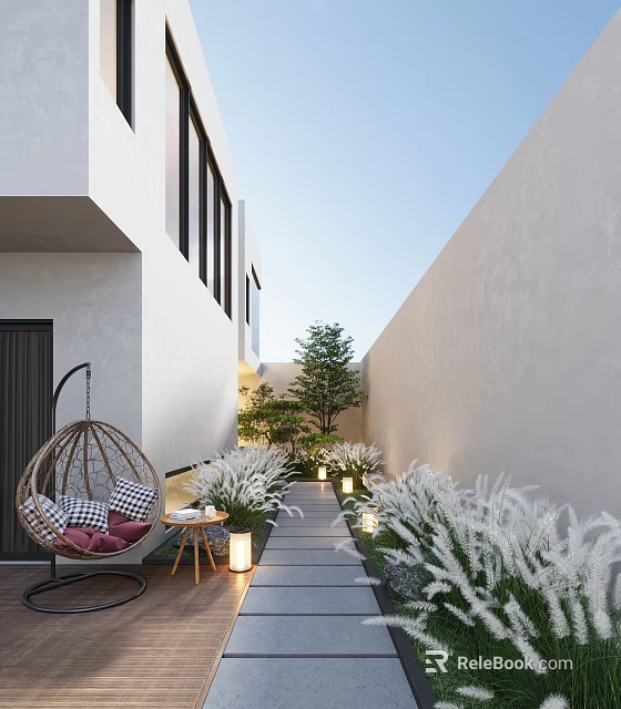 Courtyard Garden With White Walls Stone Path Wicker Swing Chair And White Plants 3d model 