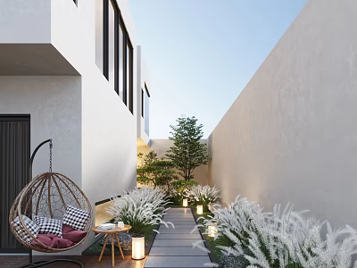 Courtyard Garden With White Walls Stone Path Wicker Swing Chair And White Plants 3d model