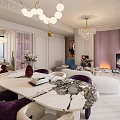 Modern Living Dining Room Interior Design With Sofa Dining Table Chandelier And Decorative Plants