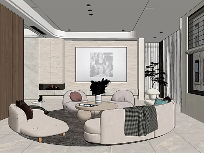 Modern Living Room Interior Design With Round Coffee Table Sofa Wall Art Fireplace And Plants 3d model