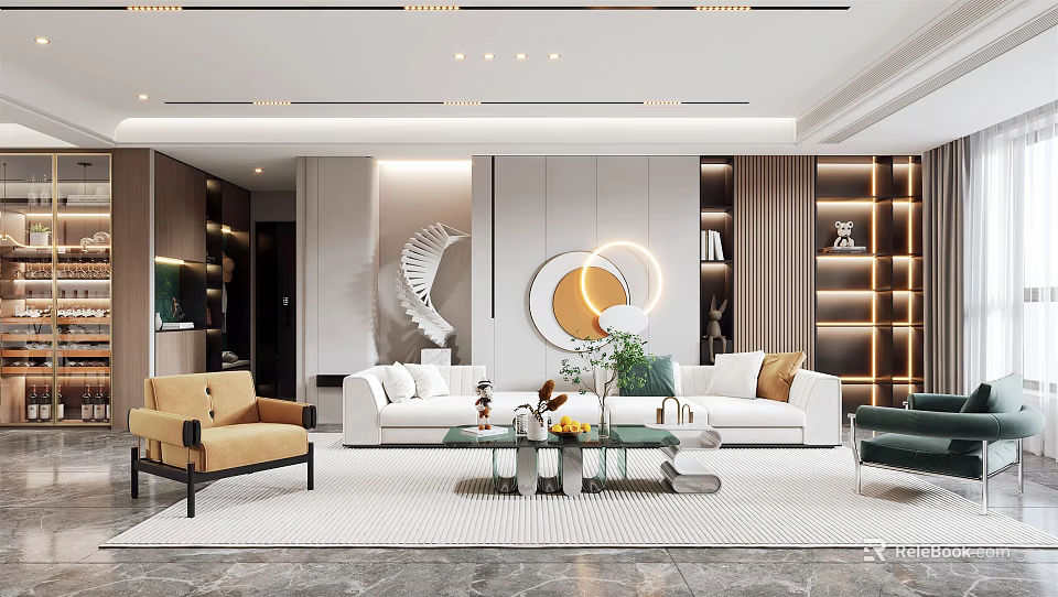Modern Living And Dining Room Interior With White Sofa Round Decor Green Plants And Bookshelves 3d model 
