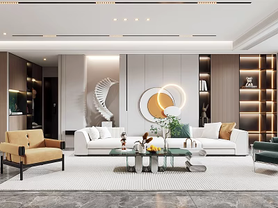 Modern Living And Dining Room Interior With White Sofa Round Decor Green Plants And Bookshelves 3d model