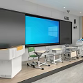 Modern School Classroom With Interactive Large Screen Blackboard And Student Desks