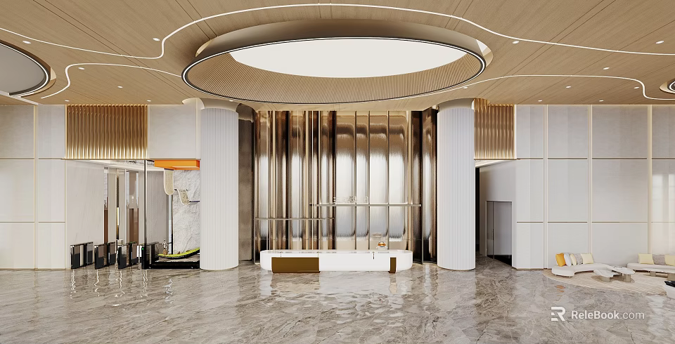 Modern Leisure Area Interior Design With Wooden Ceiling Circular Light Metal Partitions And Marble Flooring 3d model 