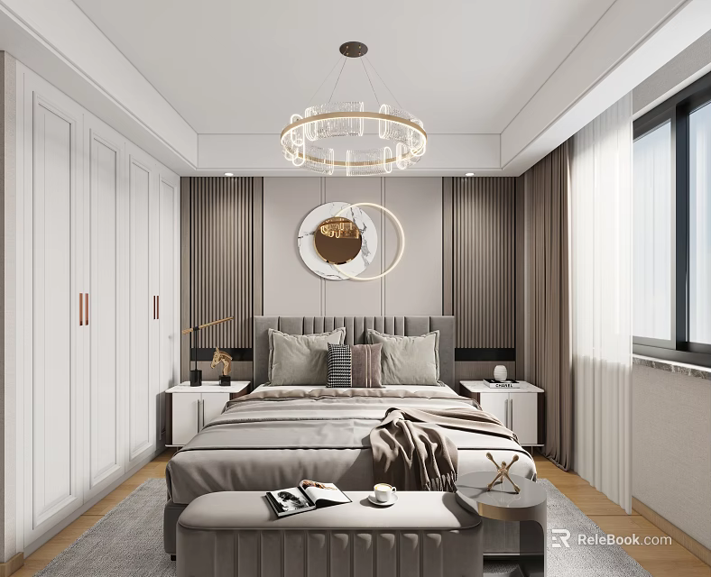 Elegant Modern Bedroom Interior With Crystal Chandelier Round Mirror White Wardrobe And Bed Bench 3d model 