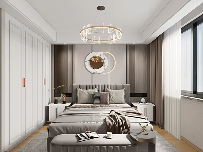 Elegant Modern Bedroom Interior With Crystal Chandelier Round Mirror White Wardrobe And Bed Bench 3d model
