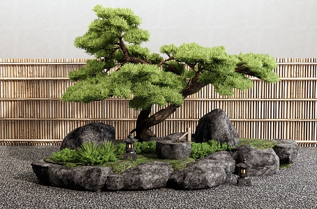 New Chinese Style Pine Stone Courtyard Scrib Landscape Courtyard Micro Landscape Water Bowl Fence 3d model