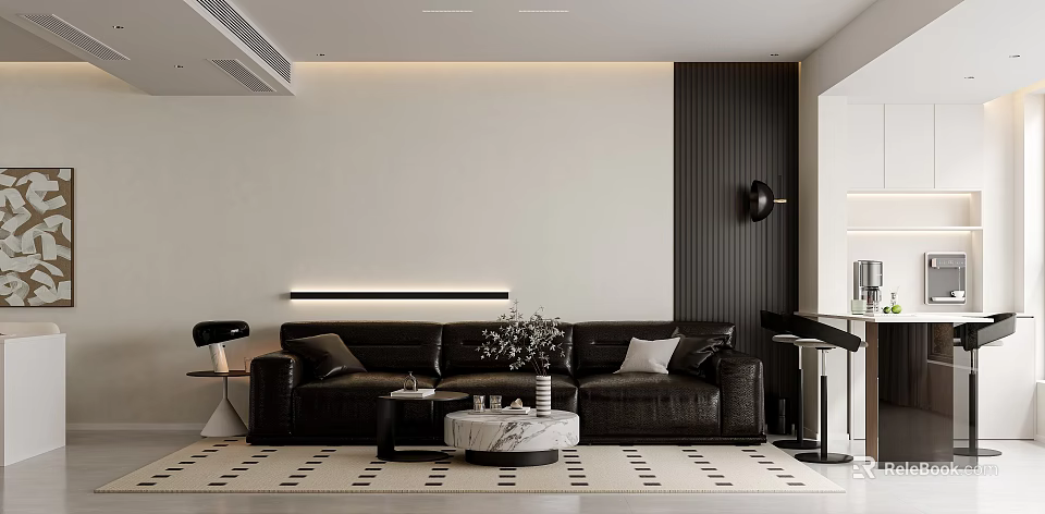 Modern Living Dining Room Interior With Leather Sofa Marble Coffee Table And Wall Lighting 3d model 