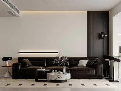 Modern Living Dining Room Interior With Leather Sofa Marble Coffee Table And Wall Lighting 3d model