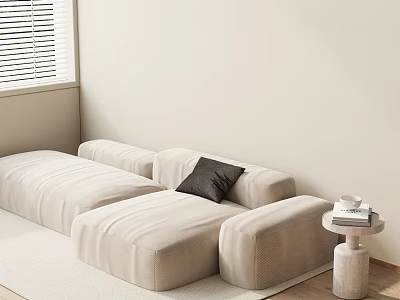 Beige Double Sofa In Modern Living Room Interior With Side Table Cup And Books 3d model