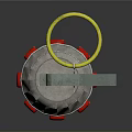 Military Grenade Weapon Design With Silver Body Red Stripes Yellow Pin And Warning Sign