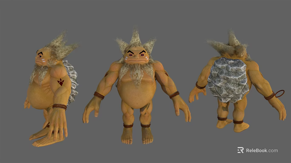 Cartoon Style Creature Characters With Multiple Views Fur Stone Back Designs Angry Expressions Arm Bands 3d model 