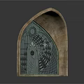 Arched Stone Building Window With Intricate Metal Grid And Circular Design