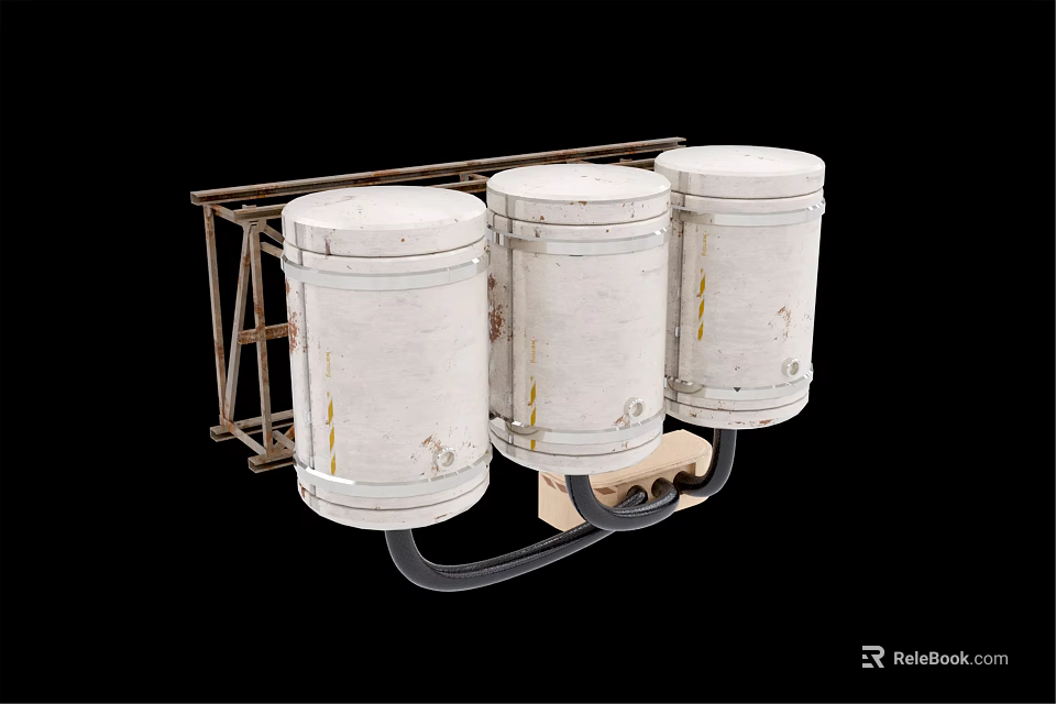 Industrial Equipment Featuring Metal Rack Holding Three White Barrels and Pipes 3d model 