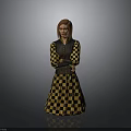Red Haired Woman In Yellow Black Checkered Dress Standing Arms Crossed On Gray Background