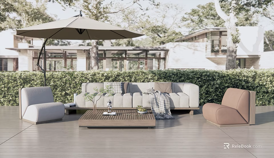 Comfortable Outdoor Sofa Set With Coffee Table Umbrella And Side Chairs On Patio 3d model 