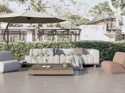 Comfortable Outdoor Sofa Set With Coffee Table Umbrella And Side Chairs On Patio 3d model