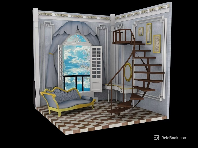 Classical Interior With Spiral Staircase Yellow Frame Sofa Window Curtains Checkerboard Floor And Decorative Paintings 3d model 