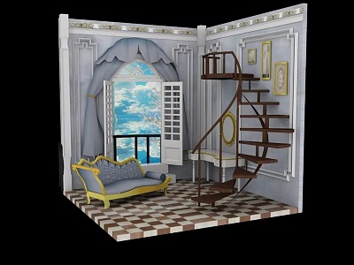 Classical Interior With Spiral Staircase Yellow Frame Sofa Window Curtains Checkerboard Floor And Decorative Paintings 3d model