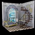 Classical Interior With Spiral Staircase Yellow Frame Sofa Window Curtains Checkerboard Floor And Decorative Paintings
