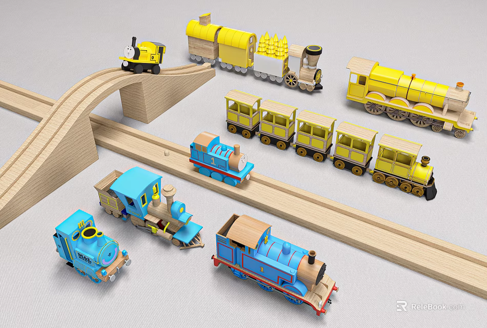 Colorful Electric Toy Train Set With Wooden Tracks Multiple Carriages And Various Designs For Kids 3d model 