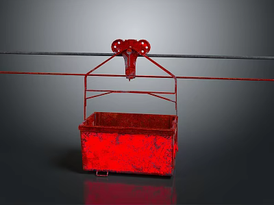 Red Old Cable Car Basket Hanging on Metal Track with Gray Background 3d model