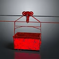 Red Old Cable Car Basket Hanging on Metal Track with Gray Background