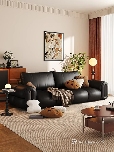 Black Leather Sofa Coffee Table Set With Throw Pillows Blanket Floor Lamp In Living Room 3d model 