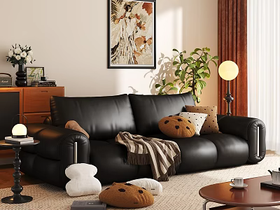 Black Leather Sofa Coffee Table Set With Throw Pillows Blanket Floor Lamp In Living Room 3d model