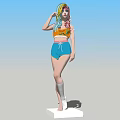 Colorful Haired Woman in Yellow Crop Top Blue Shorts White Socks Urban Platform