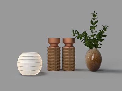 Decorative Ornaments Combination With White Spherical Lamp Shade Two Brown Textured Cylindrical Vases And Green Leaf Plant 3d model