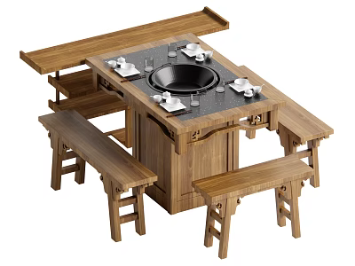Wooden Dining Table Set With Black Stone Top Round Stove And Bench Seats 3d model