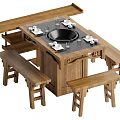 Wooden Dining Table Set With Black Stone Top Round Stove And Bench Seats