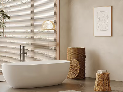 Serene Bathroom Interior With White Bathtub Wicker Basket Wooden Blinds Wall Art And Soft Lighting 3d model