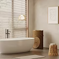 Serene Bathroom Interior With White Bathtub Wicker Basket Wooden Blinds Wall Art And Soft Lighting