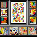Vibrant Abstract Paintings With Colorful Letters Geometric Shapes And Heart Motifs