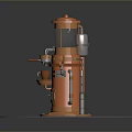 Vintage Orange Industrial Machine With Metal Pipes Valves And Circular Platform