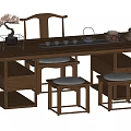 Dark Brown Solid Wood Tea Table and Chairs with Padded Stools Drawers and Tea Set