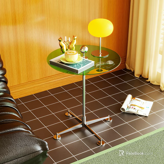 Modern Green Glass Top Side Table With Metal Stand Yellow Lamp And Golden Figurines 3d model 