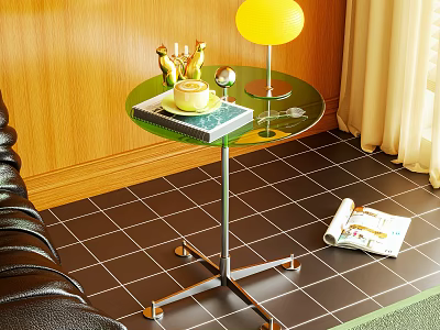 Modern Green Glass Top Side Table With Metal Stand Yellow Lamp And Golden Figurines 3d model