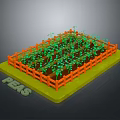 Fresh Peas Growing in Small Garden Bed With Orange Fence And Green Plants