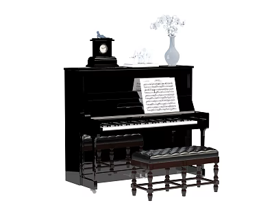 Elegant Black Upright Piano with Music Sheet Clock Vase Flowers and Stool as Musical Instrument 3d model