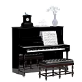 Elegant Black Upright Piano with Music Sheet Clock Vase Flowers and Stool as Musical Instrument