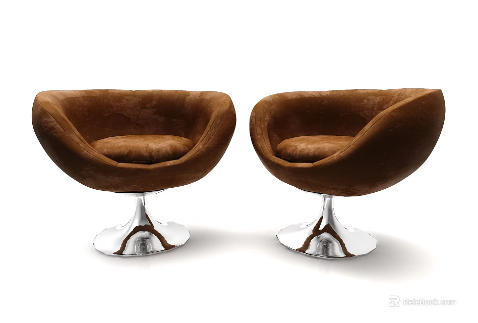 Two Brown Single Sofas Velvet Upholstered with Silver Metal Base and Rounded Design 3d model 