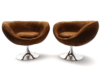 Two Brown Single Sofas Velvet Upholstered with Silver Metal Base and Rounded Design 3d model