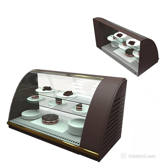 Refrigerated Display Case With Transparent Glass Door Brown Cabinet And Shelves For Cakes And Plates 3d model 