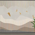 Bedroom Accent Wall With Mountain Pattern Flying Cranes Vertical Slats And Green Plant