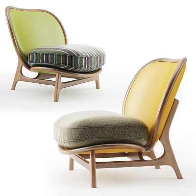 Stylish Leisure Chairs With Green Yellow Backrests Striped Patterned Cushions Wooden Frame 3d model